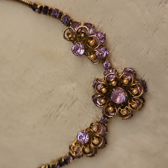 Vtg KRAMER NY 1960s Purple Crystal Floral Bridal Choker Necklace - Picture 2 of 8